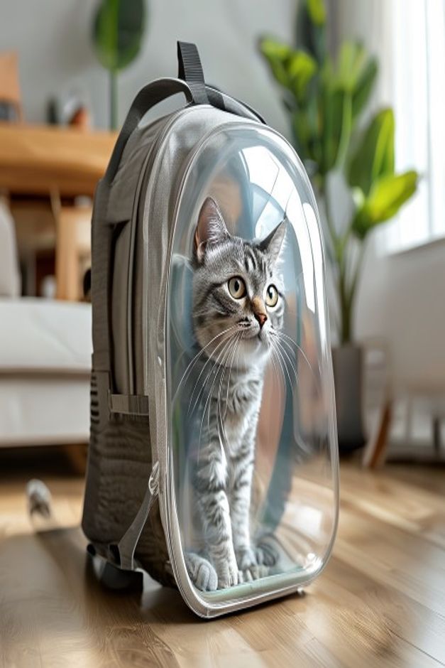 Cat backpack carrier with clear bubble window and a cat looking out