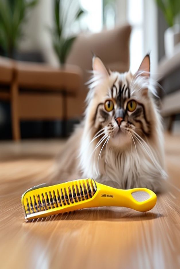 Cat deshedding tool with steel comb next to a long haired cat