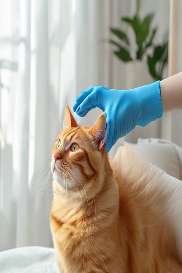 Hand wearing a silicone cat grooming glove petting an orange tabby
