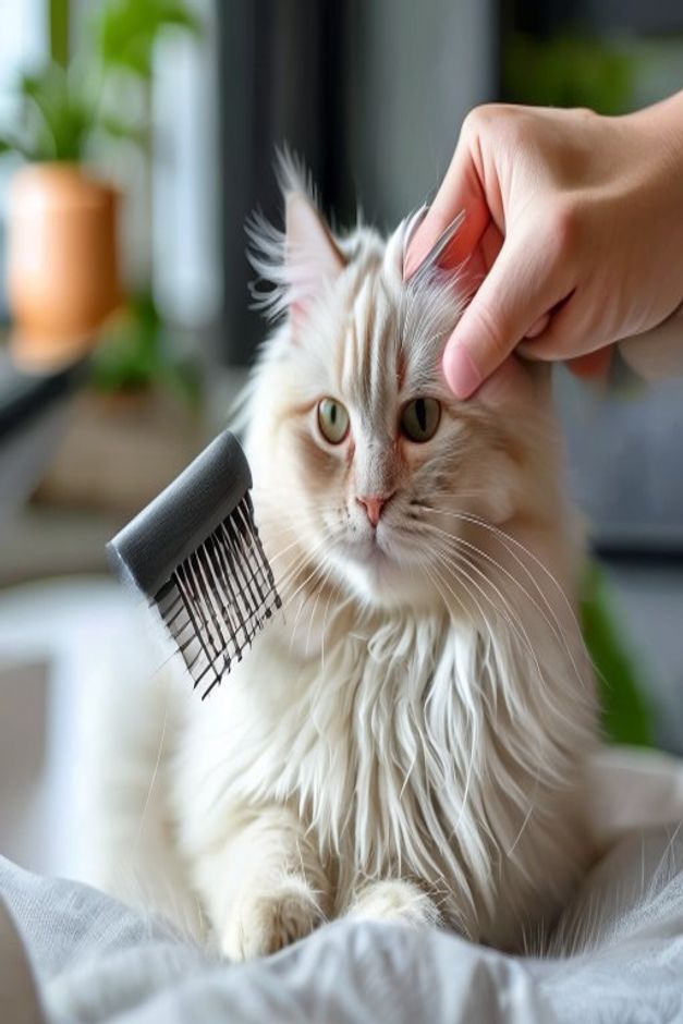 Slicker grooming brush being used on a fluffy cat