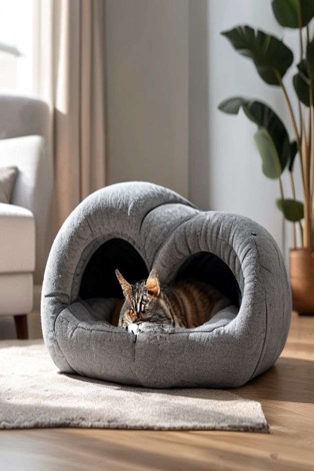 Gray plush cat tunnel bed with a cat resting inside
