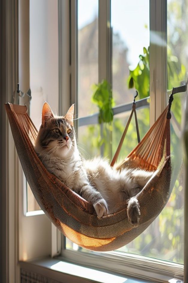 Cat relaxing on a window perch hammock