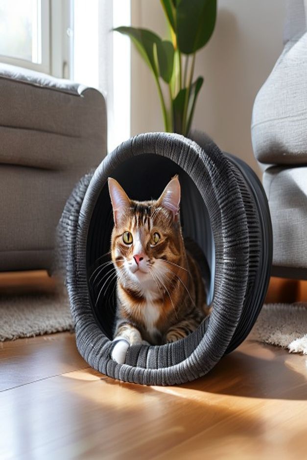 Cat peeking out of a collapsible play tunnel