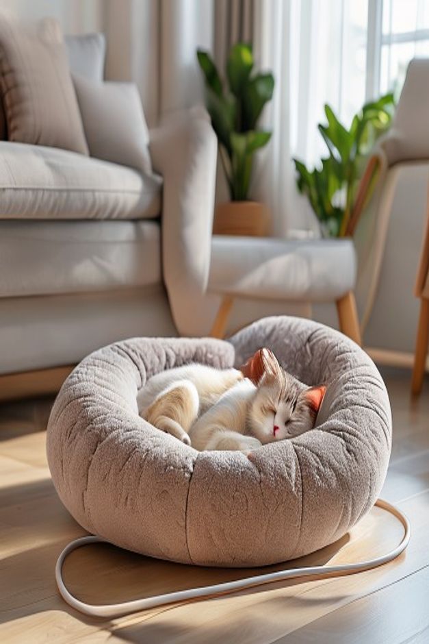 Electric heated cat bed with cat sleeping curled up inside