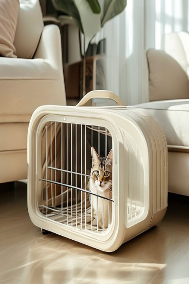Hard sided cat travel kennel carrier with a cat inside