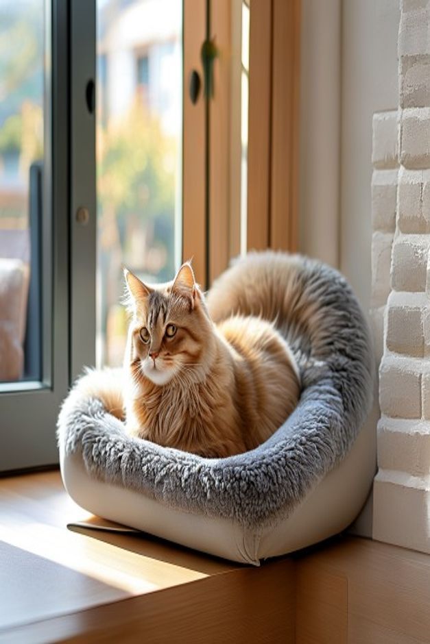 Plush heated cat window perch with a fluffy cat lounging