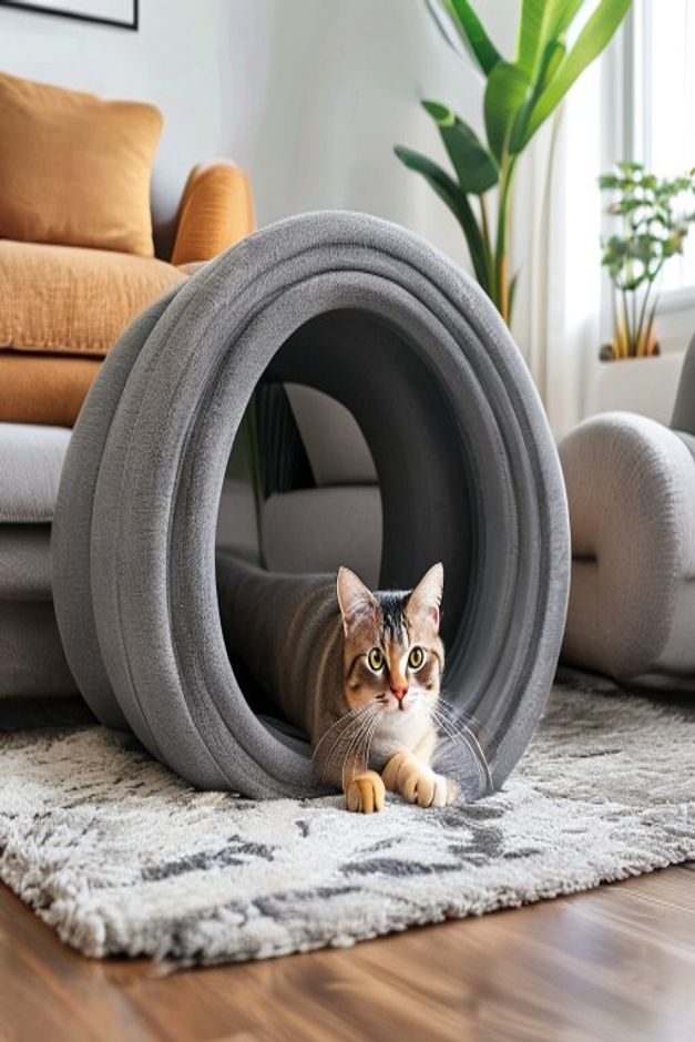 Gray fabric cat play tunnel with a cat peeking out