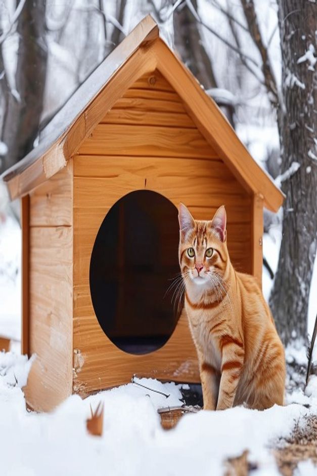 Wooden insulated outdoor heated cat house with a cat standing beside it in the snow