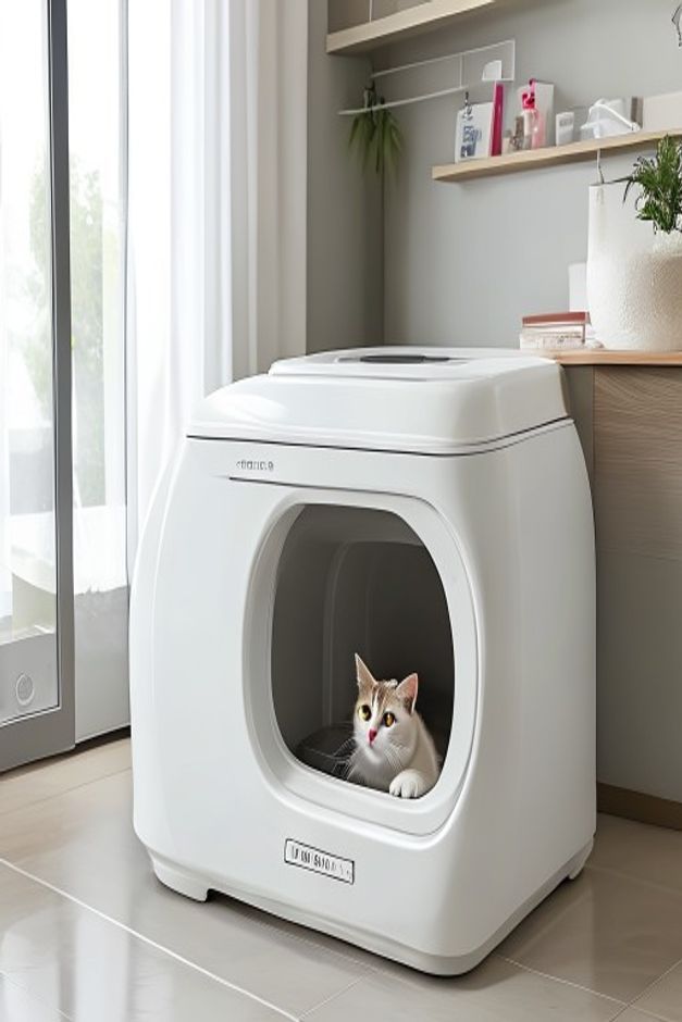 Covered automatic self-cleaning litter box with a cat peeking from the entrance