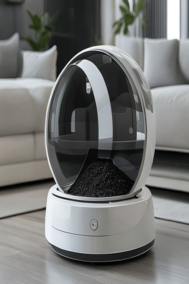 Round rotating self-cleaning litter box robot with sealed waste drawer