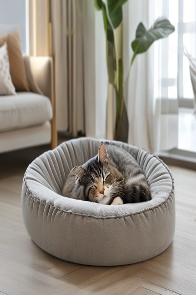 Gray plush self-warming cat bed with a tabby cat curled up asleep