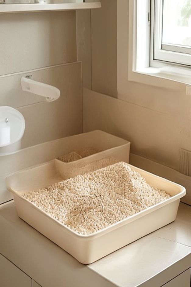 Sifting cat litter box tray system in a clean bathroom