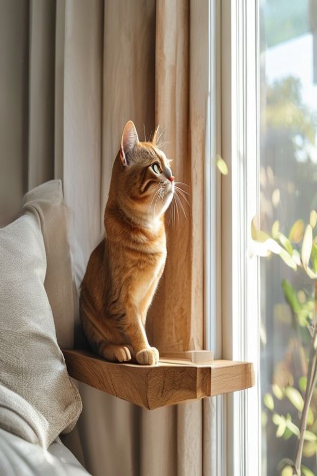 Wooden cat window perch shelf with a cat looking outside