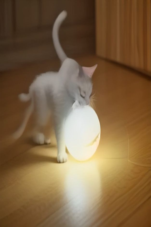 Kitten playing with a glowing automatic cat toy ball