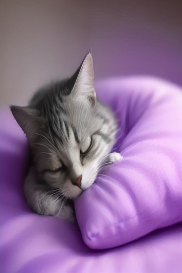 Relaxed gray cat sleeping peacefully on a purple pillow