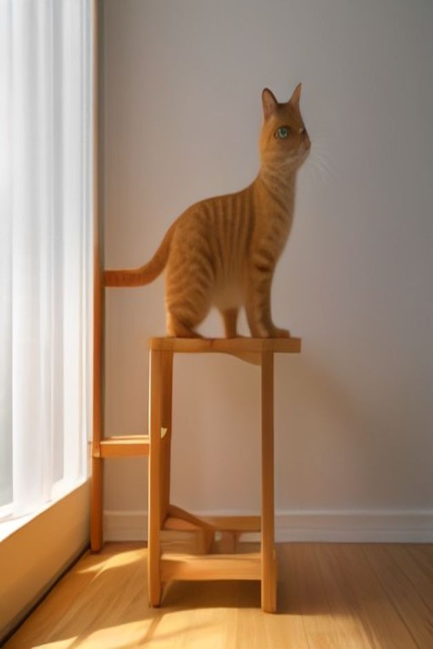 Orange tabby cat on a wooden cat climbing step set