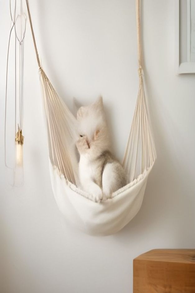 White kitten resting in a wall mounted cat hammock