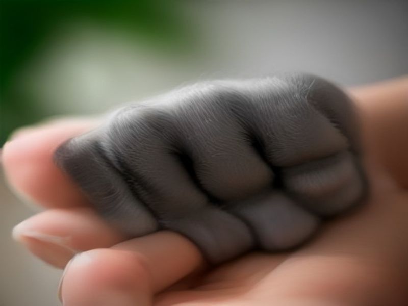 Close-up of a gray cat paw held gently for a nail trim