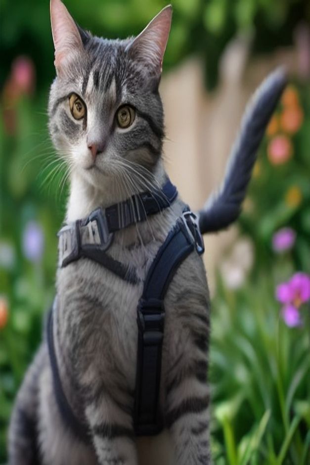Gray cat wearing a padded escape proof cat harness with secure buckles