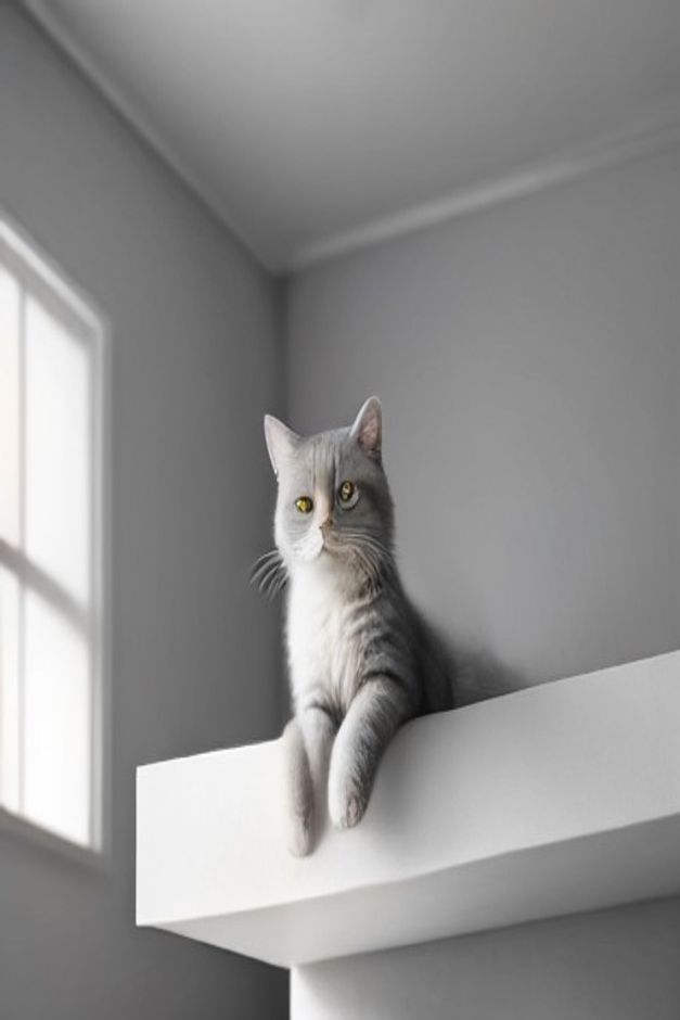 Gray cat lounging on a floating cat wall shelf mounted high on a white wall