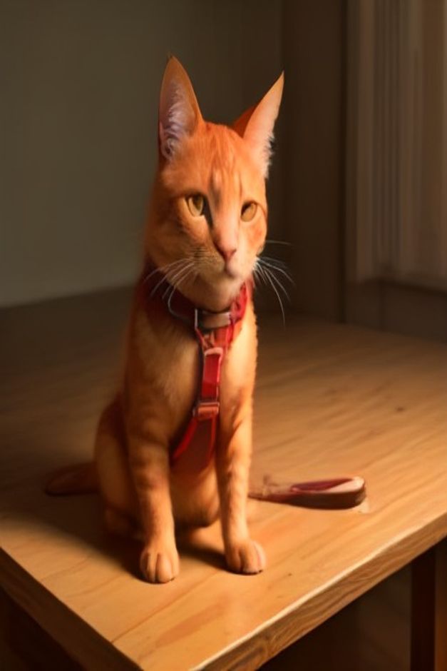 Orange cat wearing a red harness with matching leash set