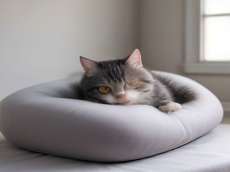 Senior cat resting on a gray memory foam orthopedic cat bed with bolster edges
