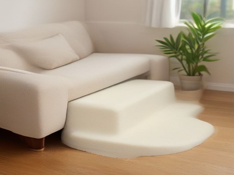 Three step foam pet stairs with beige cover next to a sofa