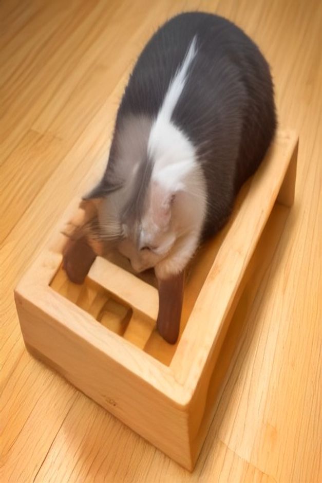 Cat using a wooden treat puzzle feeder
