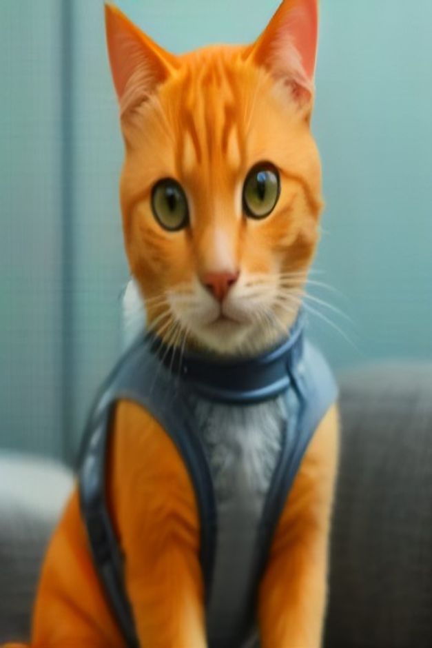 Orange cat wearing a soft blue mesh vest style cat harness