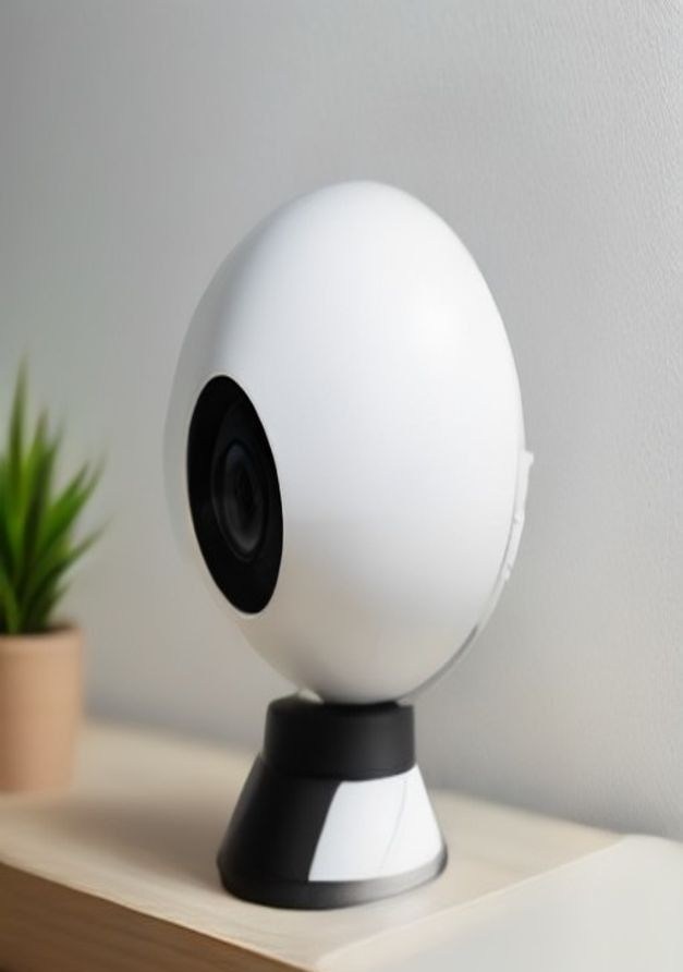 White 360-degree pan-tilt cat camera on a shelf