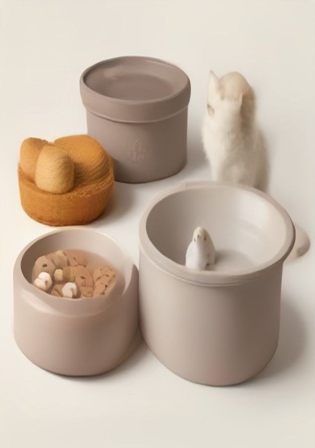 Kitten starter kit with bowls, bed and supplies laid out