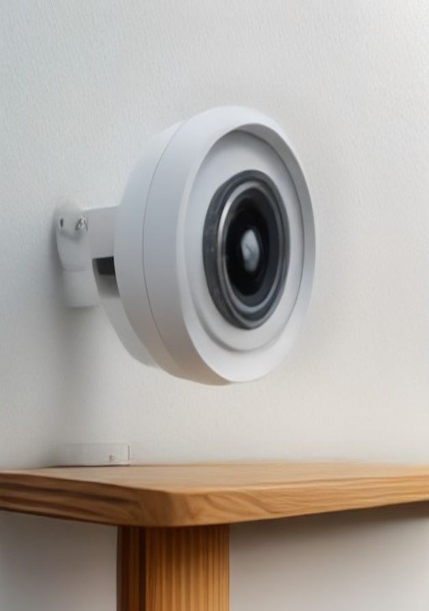 Compact white Wi-Fi pet camera mounted on a wall